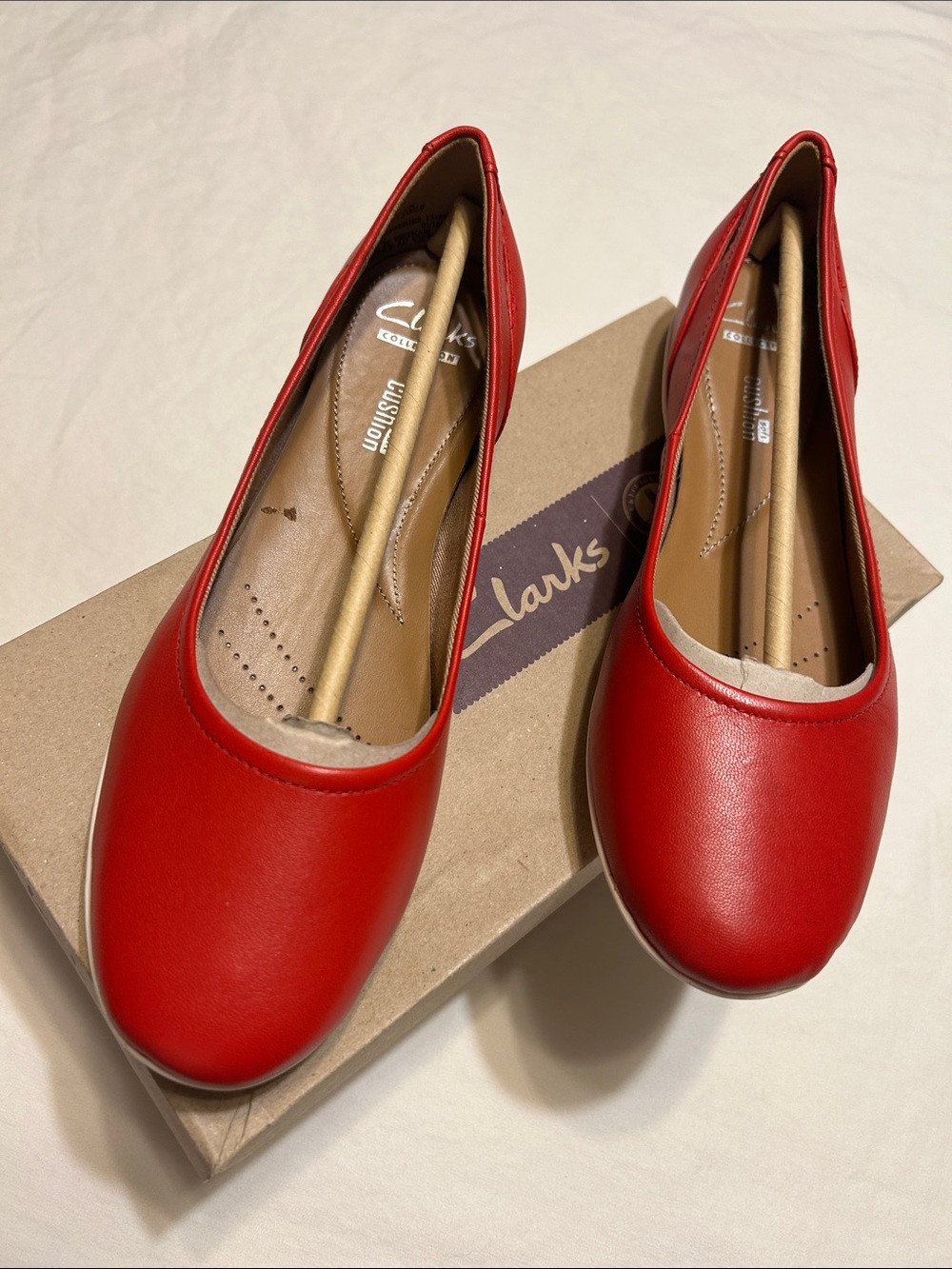 Clarks Red Leather Slip-On Ballet Flats
